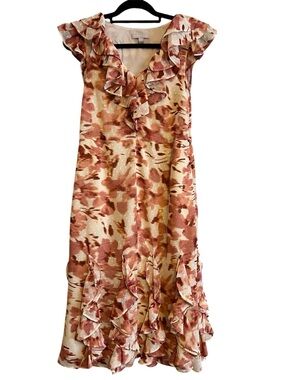 Nordstrom Chelsea 28 Floral Ruffle Midi Dress in Blush & Cream NEW Size XS